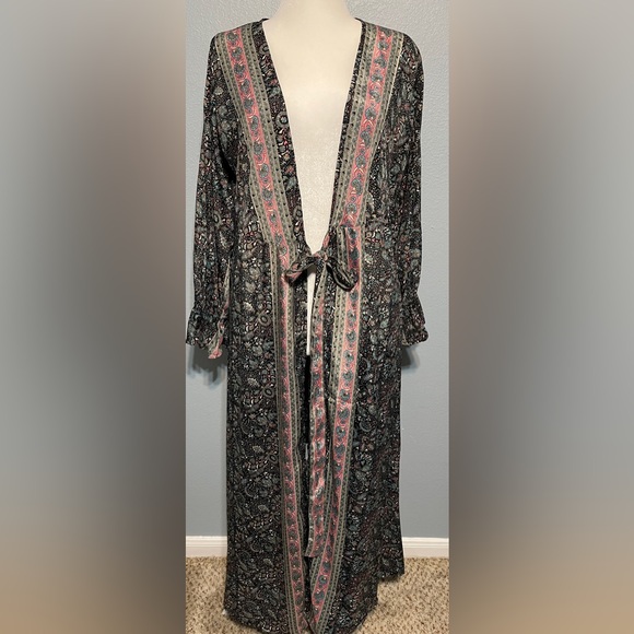 Paani Tops - Paani Boho Paisley Kimono Duster Robe Tie Front Festival Beach Cover Up Medium